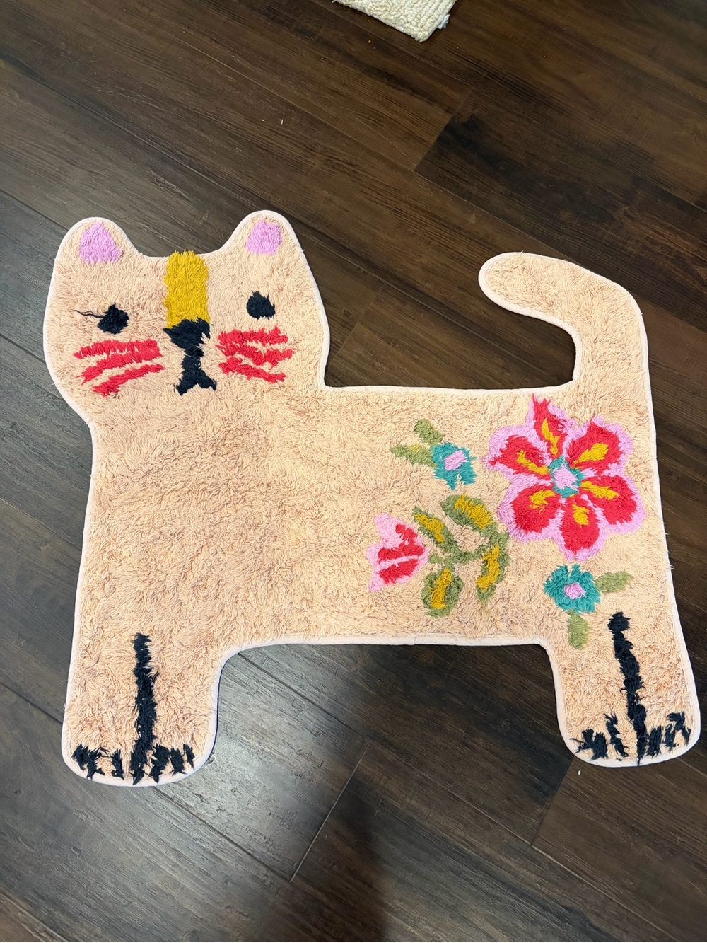 Natural Life Cat Bath Rug Tan Floral Cat Shaped Colorful Bathroom Decor